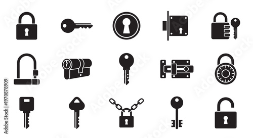 Vector illustration set of antique metal door locks and key icons for business security and home safety symbols