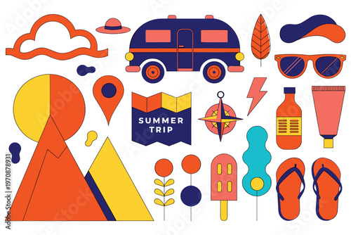 Retro summer road trip icons with camper, mountains, map, and outdoor items.