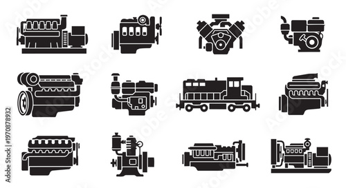 A comprehensive transportation icons set featuring black vector silhouettes of industrial vehicles including a truck, crane, bulldozer, and locomotive isolated for construction and road machinery equi