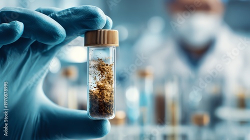 A close-up view of a researcher holding a test tube filled with golden particles, showcasing laboratory activity and advanced scientific research in a modern environment.