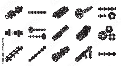 PrintCar Engine Camshaft and Gear Icons Set - Automotive Valve Timing Parts Black Vector Silhouettes