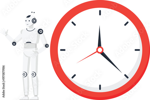 White robot digital clock time management artificial intelligence automation technology future concept business efficiency deadline schedule modern design productivity solution.