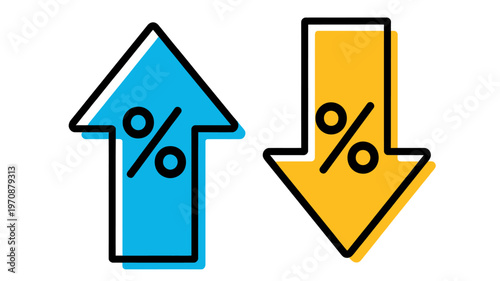 Up and down arrows with percentage symbols representing financial growth and decline isolated on transparent background