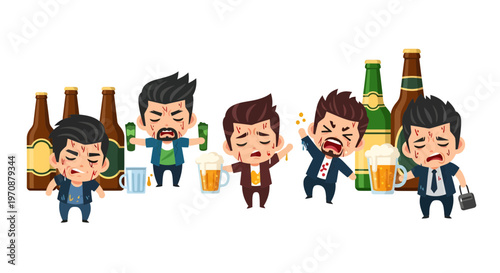 Drunk Men Suffering Hangover Vector Illustration, Cartoon Style Graphic Depicting Alcohol Abuse and Party Aftermath, Social Issues and Lifestyle Health Concept