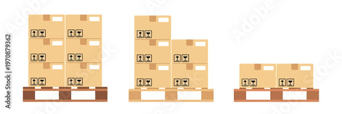 Stacked cardboard boxes with fragile warning symbols on wooden shipping pallets for logistics