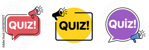 Collection of three colorful speech bubble icons with the word quiz and megaphones announcing the event