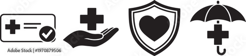 
Medicare healthcare insurance icon set with shield heart cross and support symbols vector silhouette