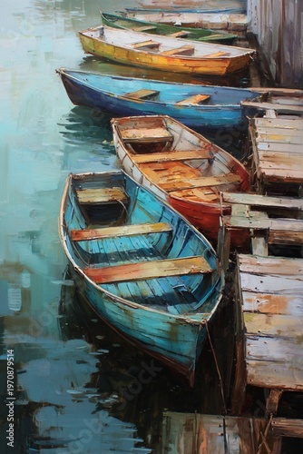 Artwork of colorful boats on a dock, quality painting, vertical painting