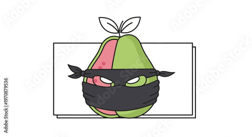 Creative Pear Ninja Character with Black Mask and Green-Pink Halves