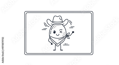 Cute Avocado Cowboy Character Winking with Bandana and Hat, Line Art