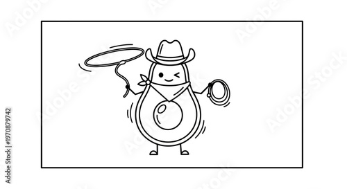 Cute Avocado Cowboy Character with Lasso, Cartoon