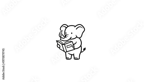 Cute Baby Elephant Reading Book, Cartoon Style, Education Concept