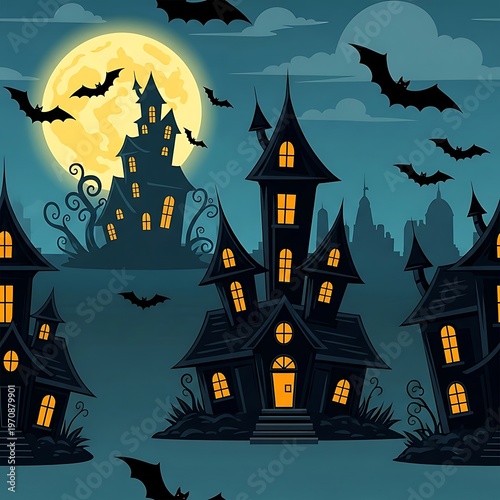 Spooky Haunted Houses with Bats Flying Under Full Moon at Night