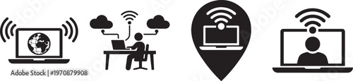 
Remote working icon set vector illustration of online workplace and digital home office concept.