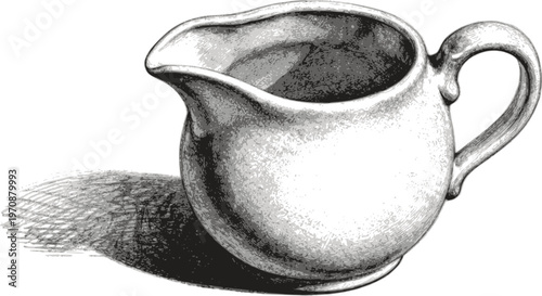Classic pencil sketch of a ceramic creamer pitcher with detailed shading: Design for culinary blogs, art education handbooks, or vintage kitchen decor prints. Transparent background EPS version.