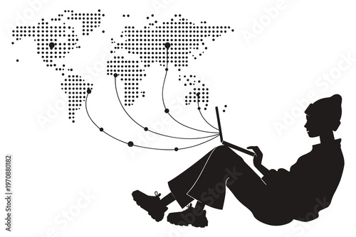 Silhouette of remote worker using laptop to connect with global world map communication.