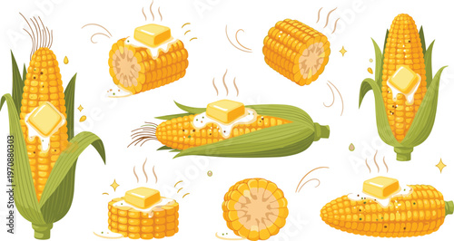 Corn with butter vector set featuring cooked maize cobs slices and melted butter food illustrations for kitchen menu design