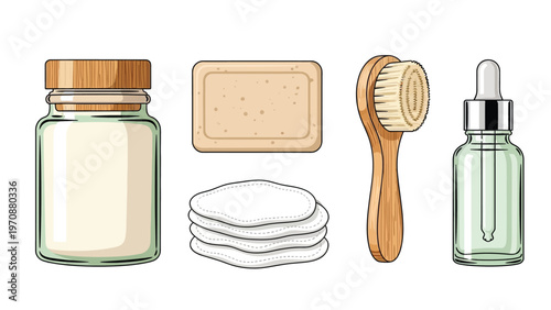 Thoughtful collection of essential skincare and personal hygiene products, featuring natural elements for a rejuvenating beauty routine and a sense of well-being