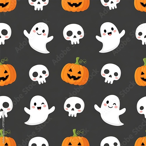 Halloween Pattern with Ghosts, Skulls, and Pumpkins on Dark Background