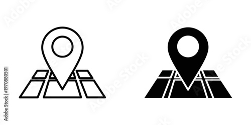 Minimalist flat design vector icons of location pin markers on map backgrounds, ideal for travel apps, navigation, business location, and digital mapping projects.