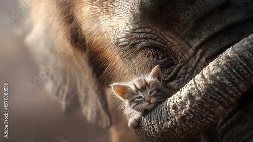 Soft kitten nuzzles giant elephant's trunk with gentle trust
