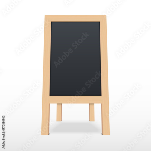 Wooden sidewalk sign with blank black menu board isolated on white background, vector illustration