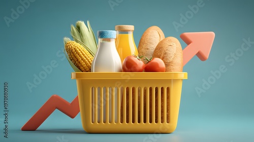 Rising grocery prices concept with supermarket basket milk juice bread vegetables and upward arrow on blue background