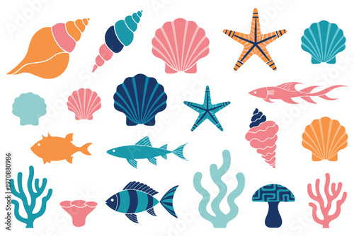 Underwater ocean life and sea creatures icons for marine theme.