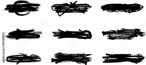 Abstract brush strokes collection nine black ink textures on white background