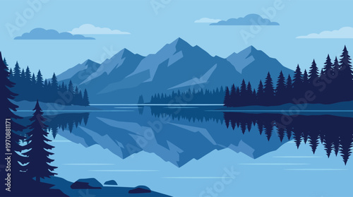 serene mountain lake reflection with pine trees vector illustration