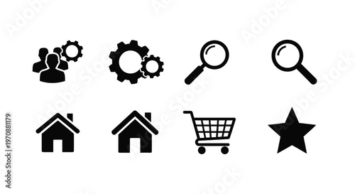 Black icons depicting people gears search home cart and a star