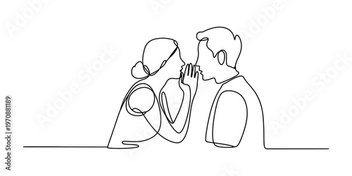 A continuous line drawing of a woman whispering a secret to a man on a simple white background. Vector, illustration