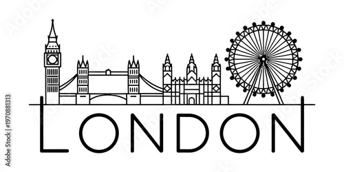 A minimalist black and white line art illustration showcasing the iconic city skyline of london Vector, illustration