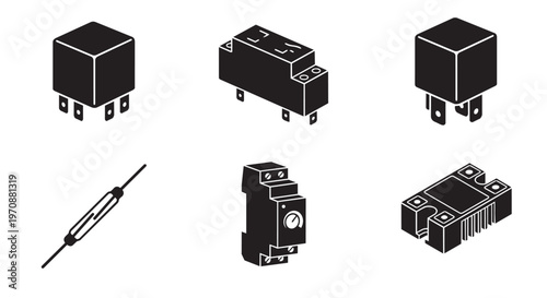 PrintElectromechanical relay icon for industrial circuit control isolated on white.