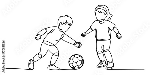 A single continuous line drawing of a young boy and girl playing soccer together on a white base Vector, illustration