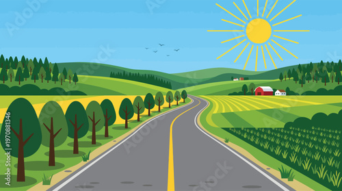 scenic country road with sunrise and farmland vector illustration