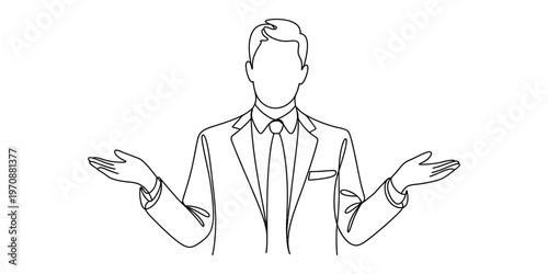 A minimalist single line drawing of a businessman shrugging with his palms held facing upward Vector, illustration