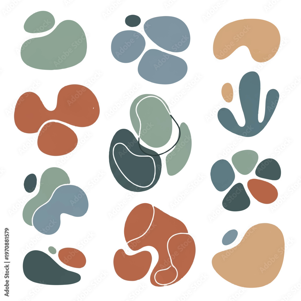 Fototapeta premium Abstract colorful organic blob shapes arranged in a scattered composition.