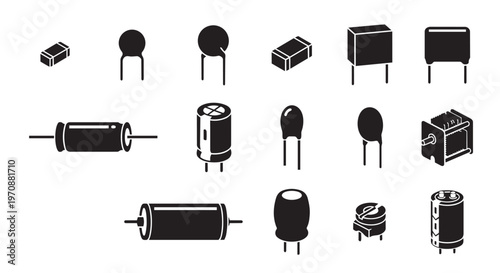 PrintElectronic Capacitor Icon Set - Black Vector Silhouettes of Ceramic, Electrolytic, and SMD Capacitors Isolated on White Background.