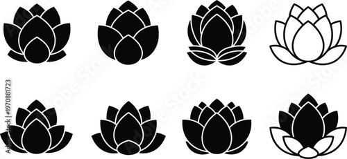 Eight black and white lotus flower in various styles lotus flower black and white symbol floral nature