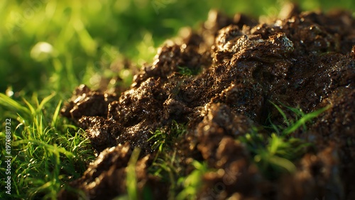 fresh cow dung on green grass, soft pulpy texture, moist and semi-liquid consistency, visible grass fibers, slightly glossy surface, natural sunlight
