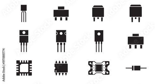 PrintVoltage Regulator and Power Management Icon Set - Black Vector Silhouettes of TO-220, TO-92, SOT-223, and SMD Electronic Components Isolated on White.