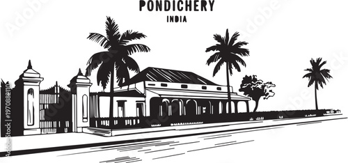 Hand drawn street view of pondichery india featuring historic architecture and palm trees silhouette on transparent background.