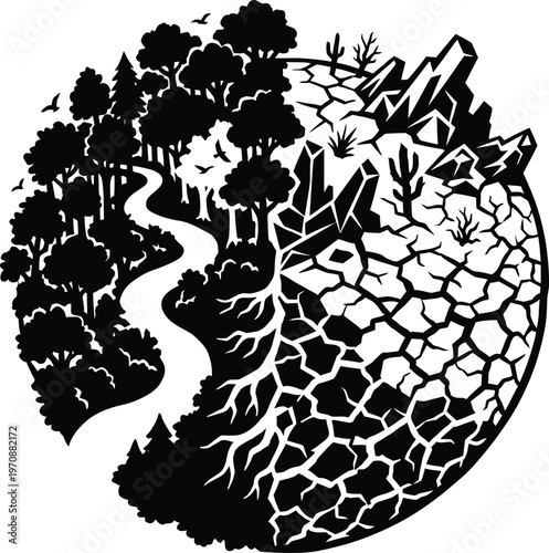 Divided landscape illustrating environmental balance and degradation, intricate creation.