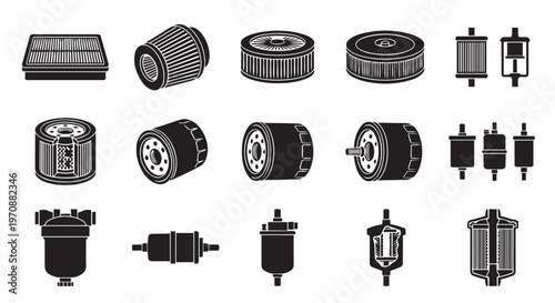 PrintAutomotive Filter Icons Set - Car Oil Air and Fuel Filters Black Vector Silhouettes