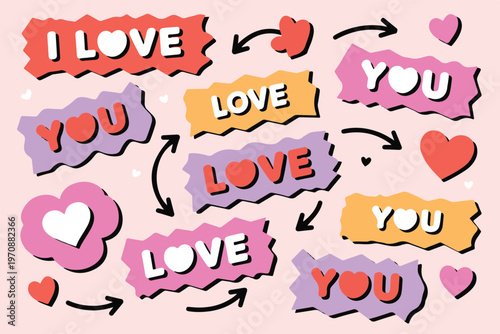 I love you speech bubbles and hearts, a collection of romantic phrases and symbols for valentines day and expressions of affection and adoration.