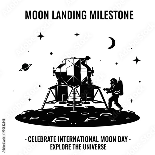 Astronaut and Lunar Module on Moon Surface Celebrating Moon Landing Milestone.