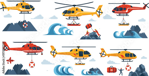Rescue helicopter vector set with sea waves mountains and emergency operations illustrations for coast guard and disaster response design