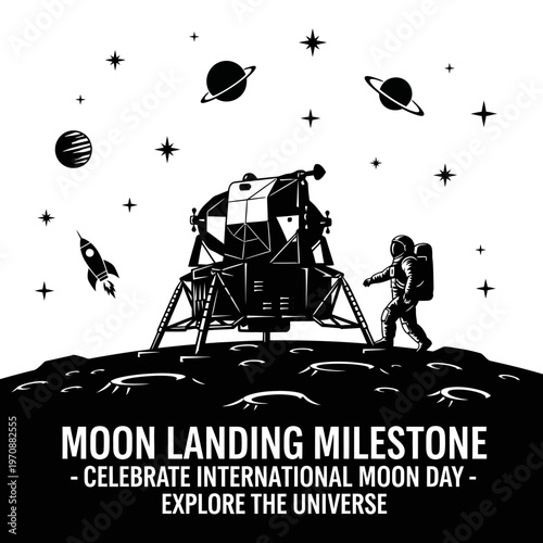 Astronaut and lunar module on the moons surface celebrating International Moon Day.