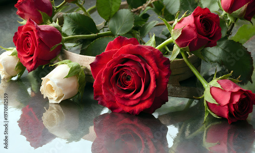 Wallpaper Mural Red and white roses arranged on a reflective surface for decoration   Torontodigital.ca